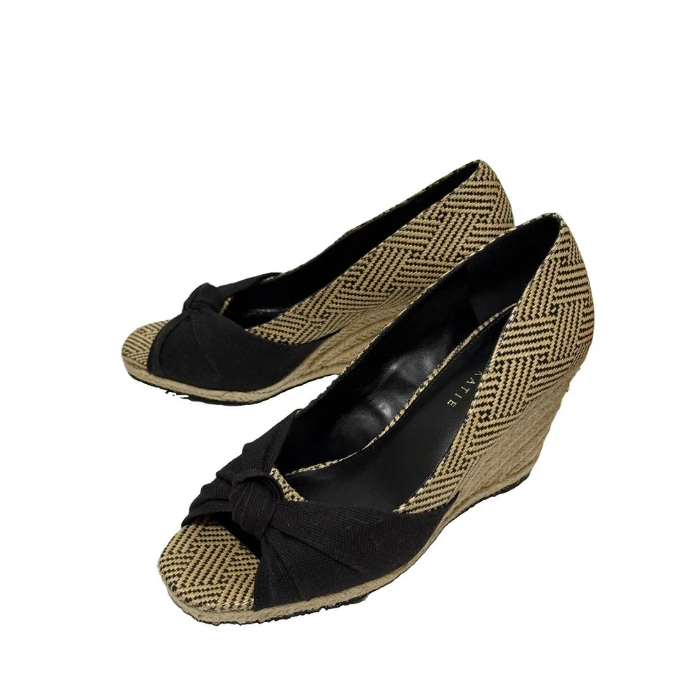 Kelly & Katie  8.5 M Knotted Espadrille Woven Wedge Sandal Black Beige